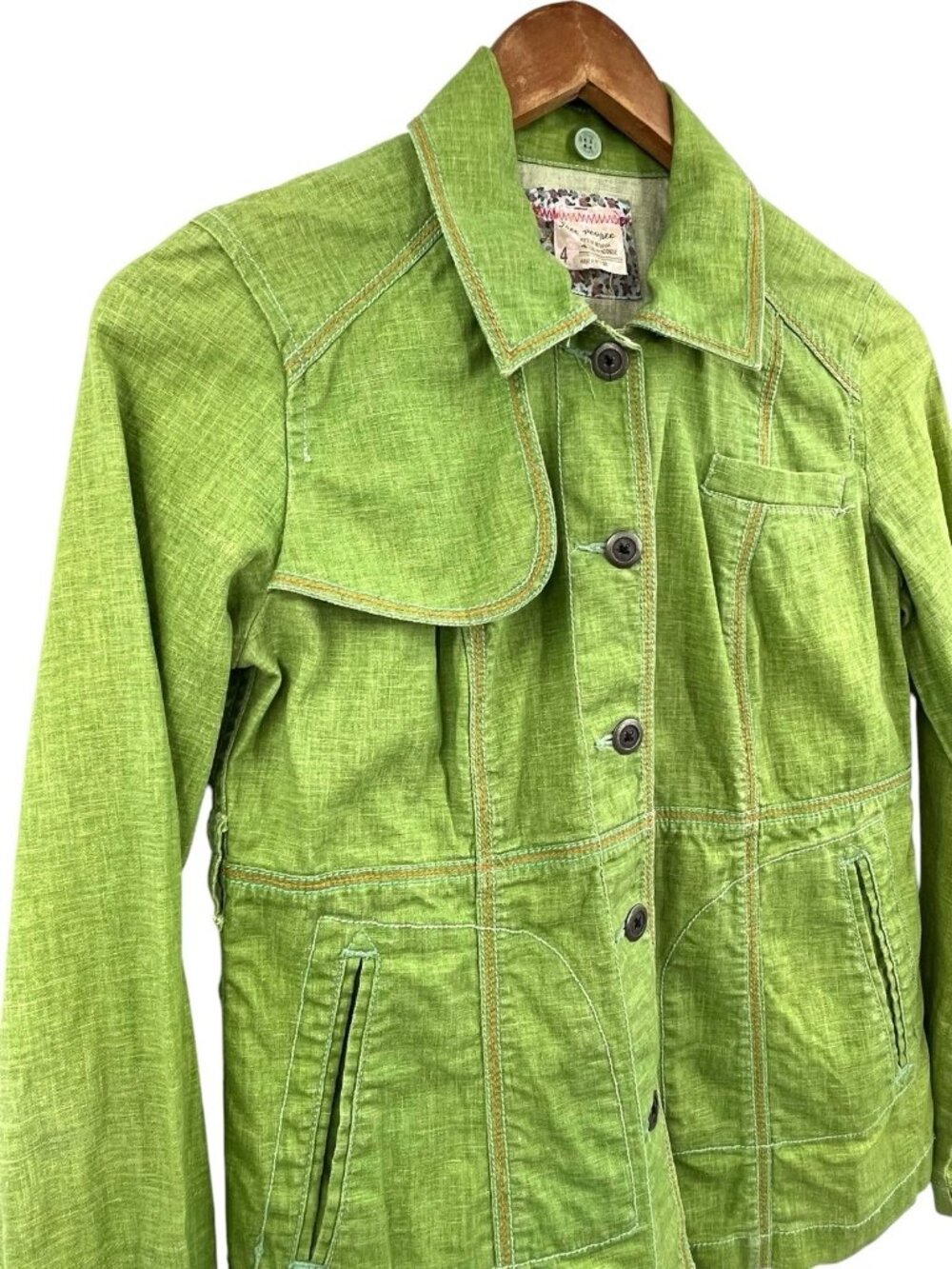 FREE PEOPLE Women's Green Vintage Orange Contrast Hem Button Down Shacket Size 4 - Picture 2 of 7